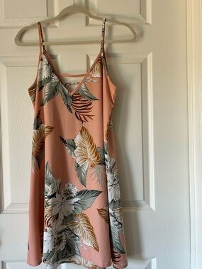 Peach Tropical Floral Slip Dress V-Neck Spaghetti Strap Sundress Size Large